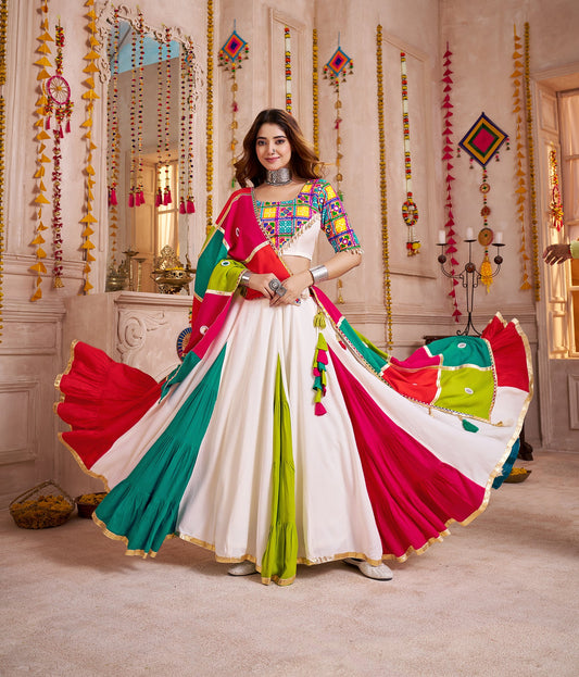 Monjolika Fashion Multi-Color Viscose Cotton Navratri Lehenga Choli Set With Mirror And Thread Work - Swadesiicart