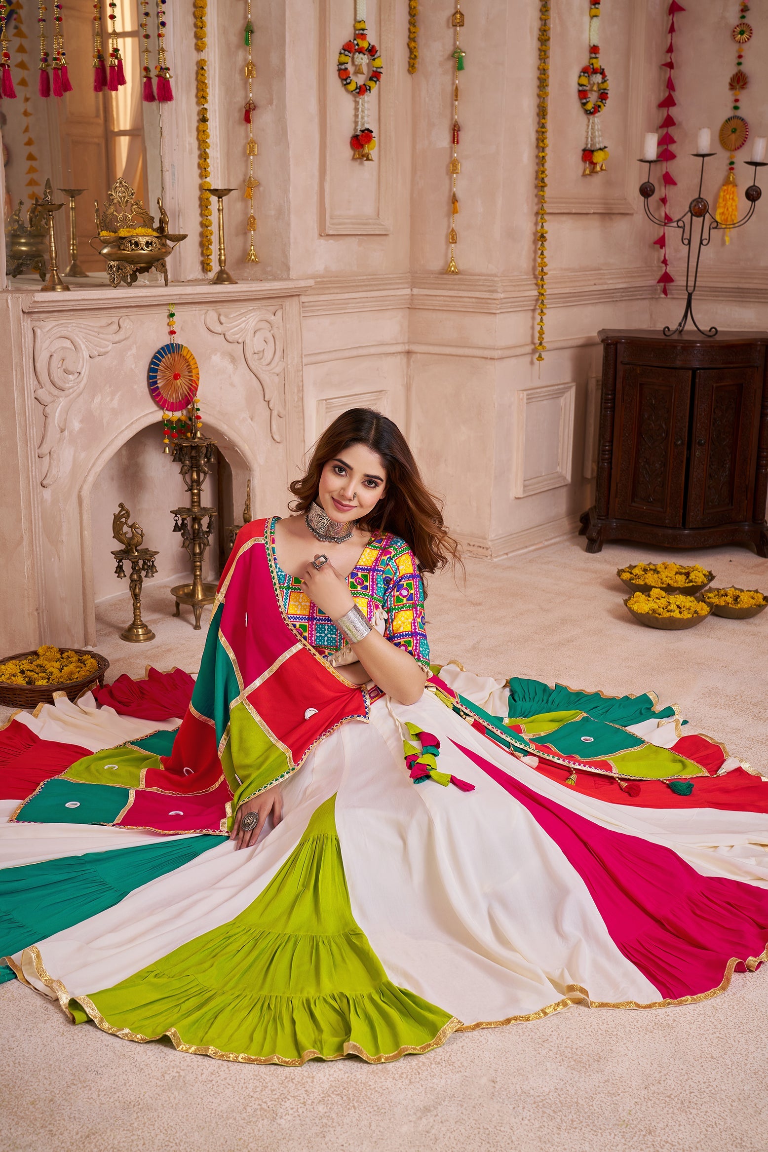 Monjolika Fashion Multi-Color Viscose Cotton Navratri Lehenga Choli Set With Mirror And Thread Work - Swadesiicart