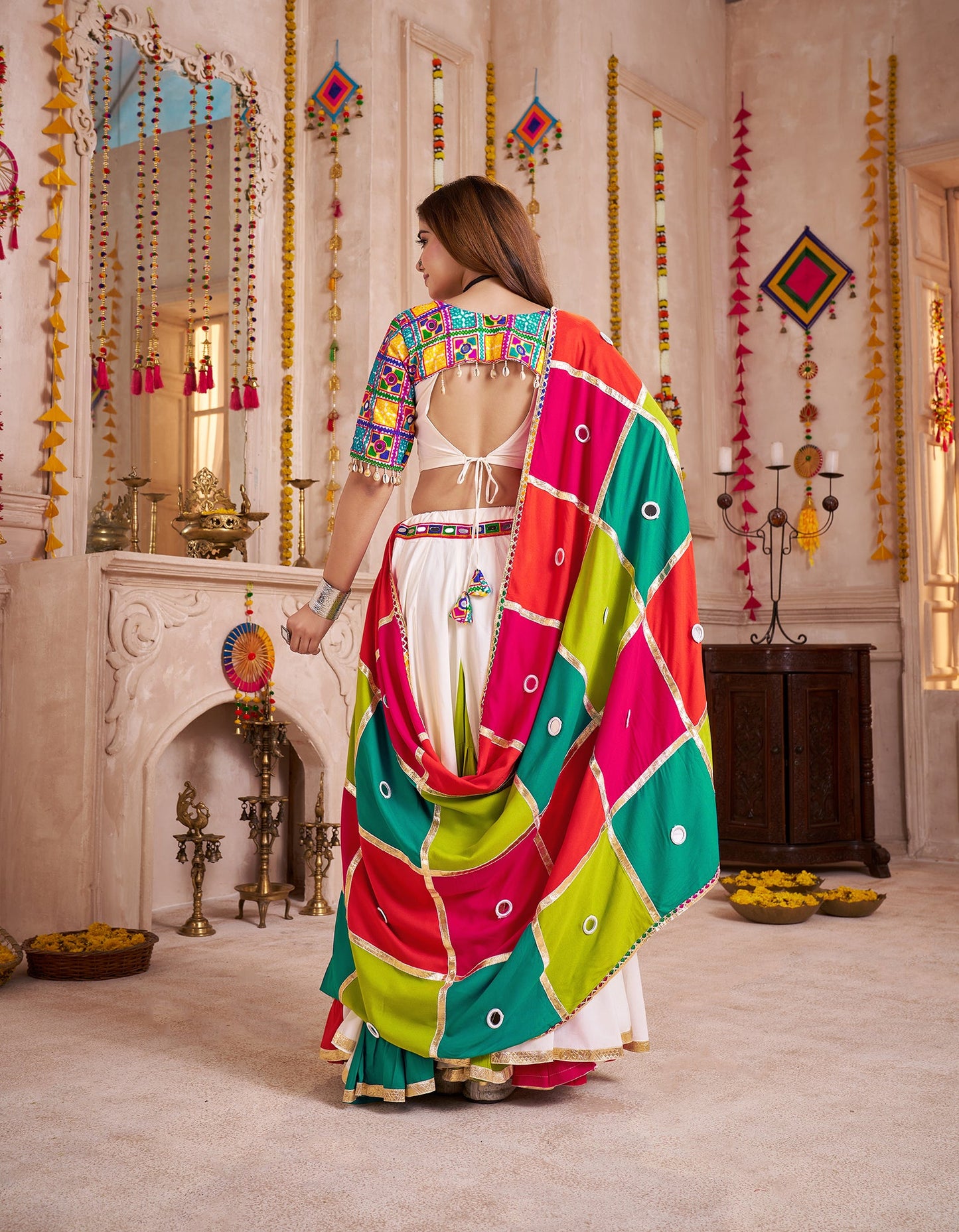 Monjolika Fashion Multi-Color Viscose Cotton Navratri Lehenga Choli Set With Mirror And Thread Work - Swadesiicart