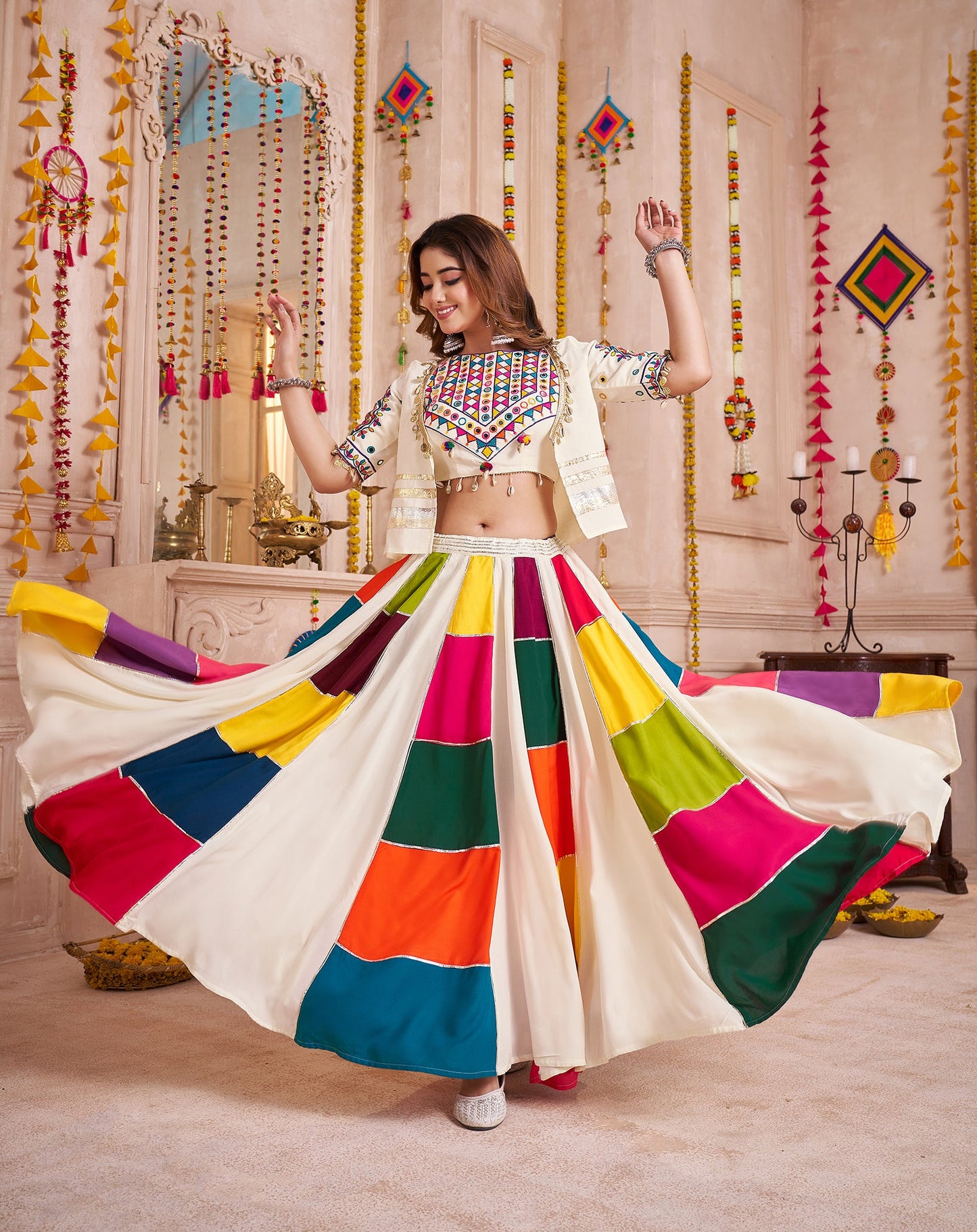 Monjolika Fashion Multicolor Viscose Cotton Navratri Chaniya Choli With Kutchi And Mirror Work Jacket - Swadesiicart