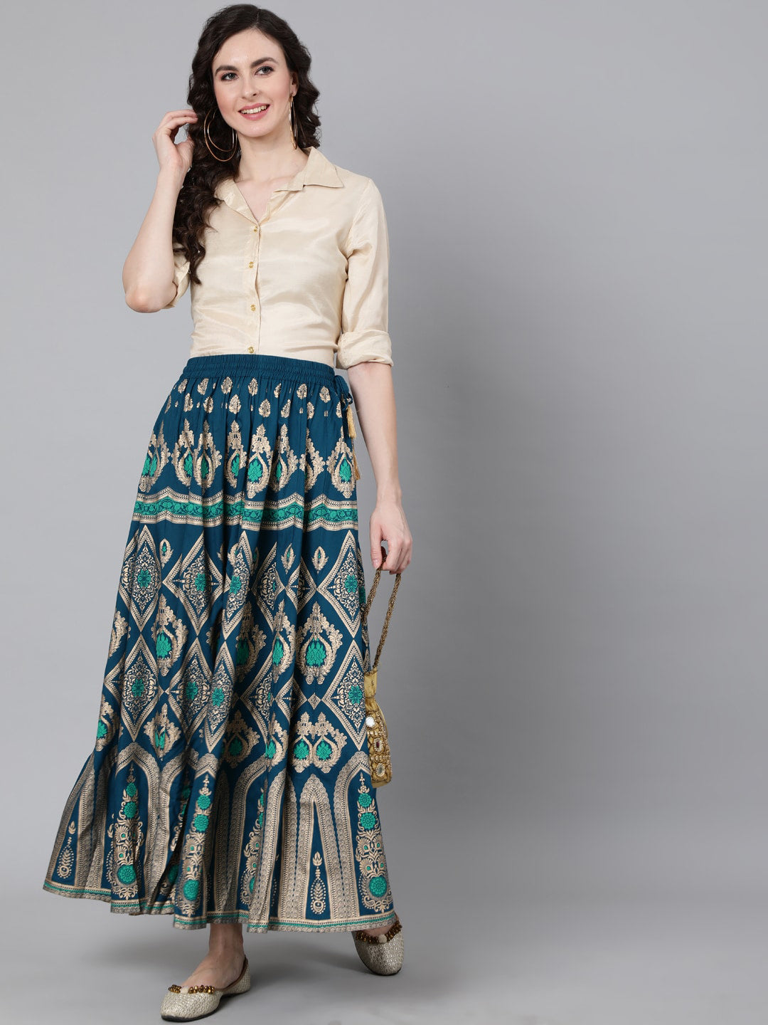 Jaipur Kurti Women Turquoise Blue & Gold-Coloured Printed Maxi-Length Skirt | Swadesiicart