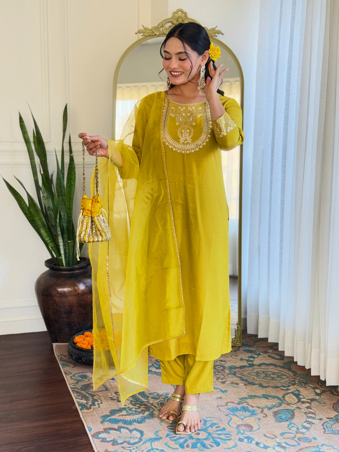 The52 Beautiful Embroidery Work with Rayon Slub Fabric Straight Kurta, Pant and Dupatta Set - Swadesiicart