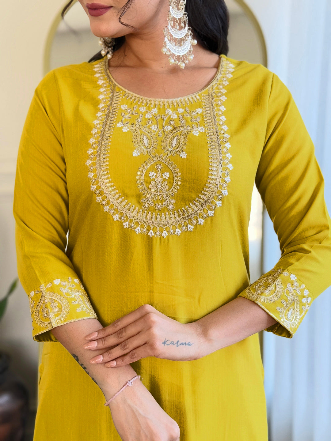 The52 Beautiful Embroidery Work with Rayon Slub Fabric Straight Kurta, Pant and Dupatta Set - Swadesiicart