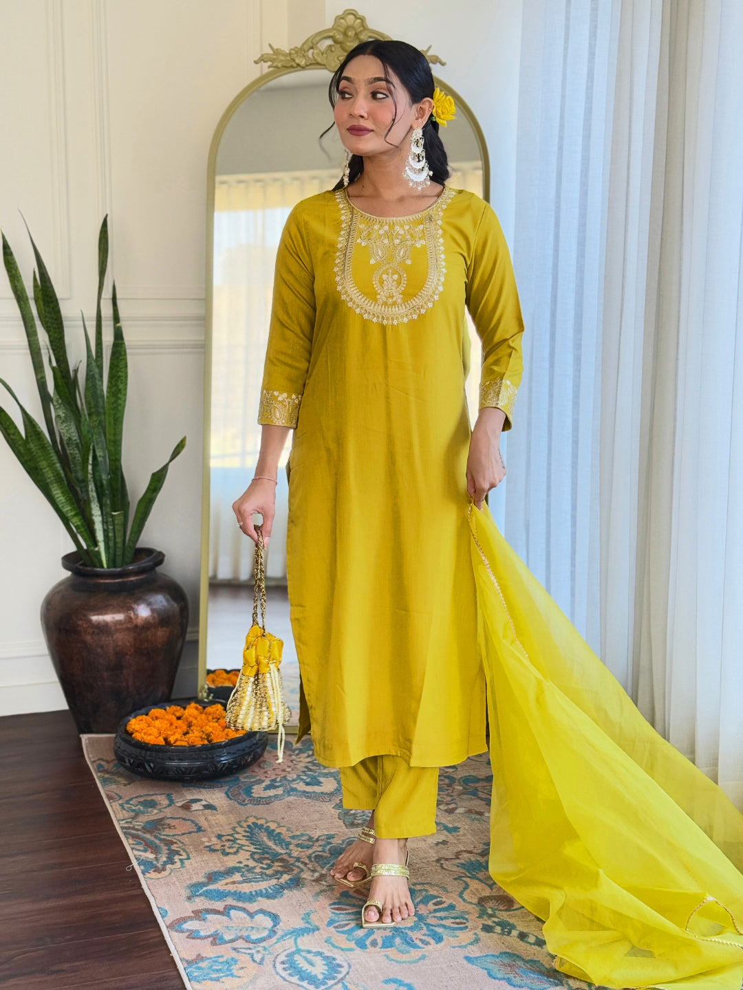 The52 Beautiful Embroidery Work with Rayon Slub Fabric Straight Kurta, Pant and Dupatta Set - Swadesiicart