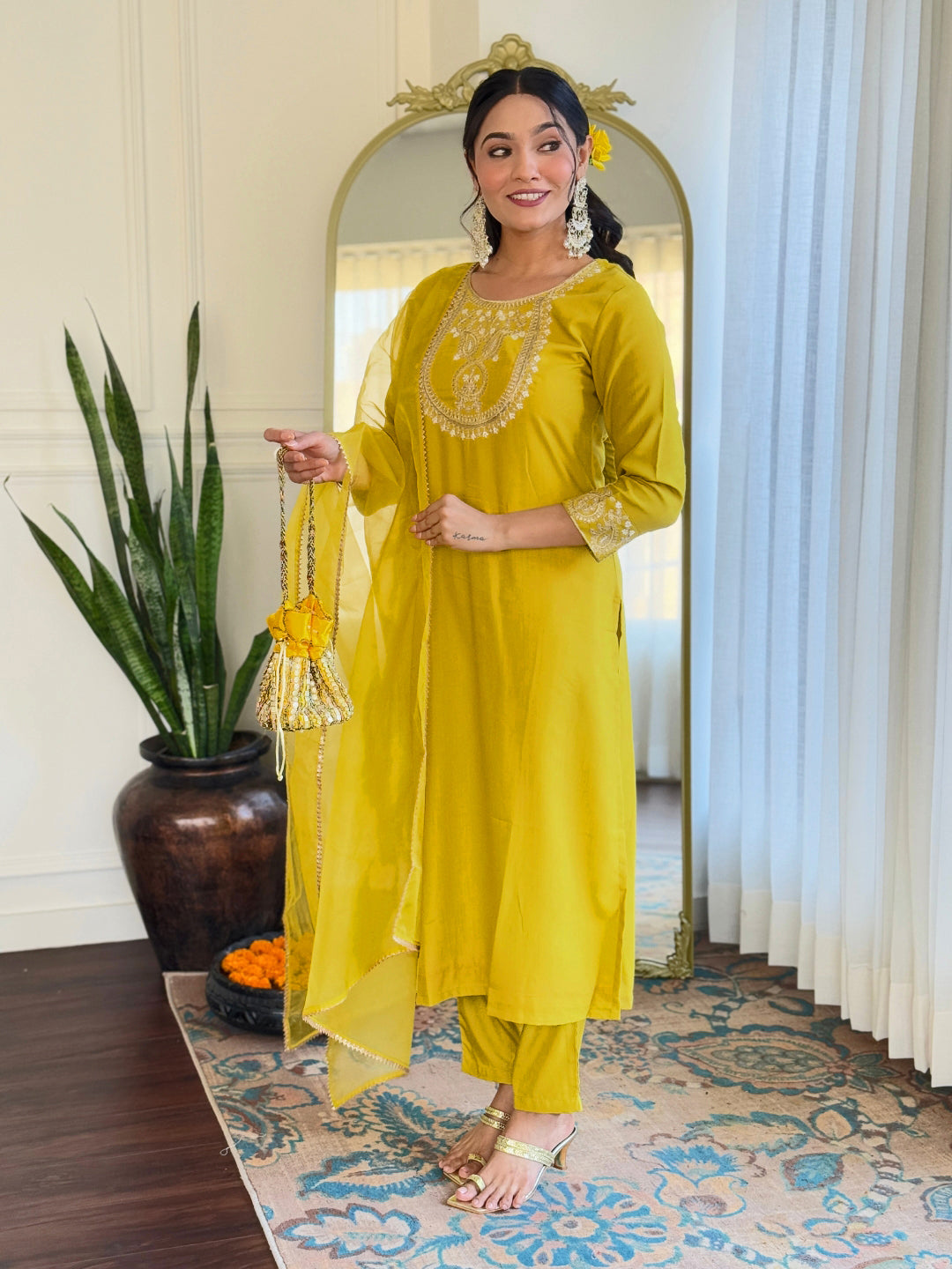 The52 Beautiful Embroidery Work with Rayon Slub Fabric Straight Kurta, Pant and Dupatta Set - Swadesiicart