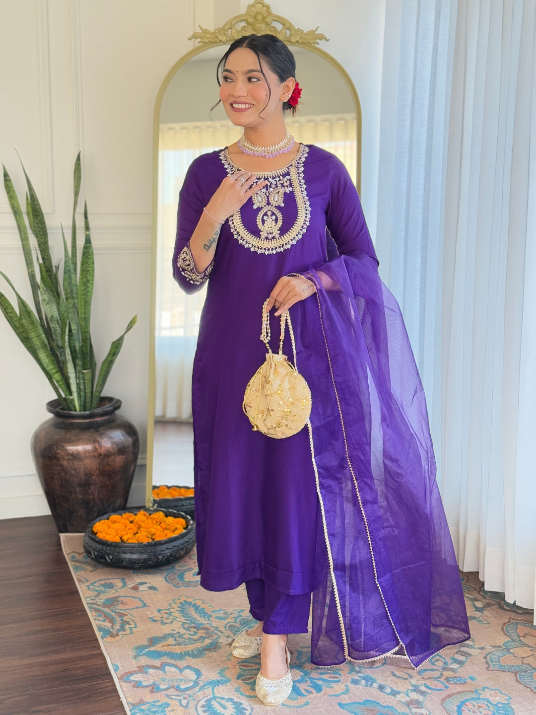 The52 Beautiful Embroidery Work with Rayon Slub Fabric Straight Kurta, Pant and Dupatta Set - Swadesiicart