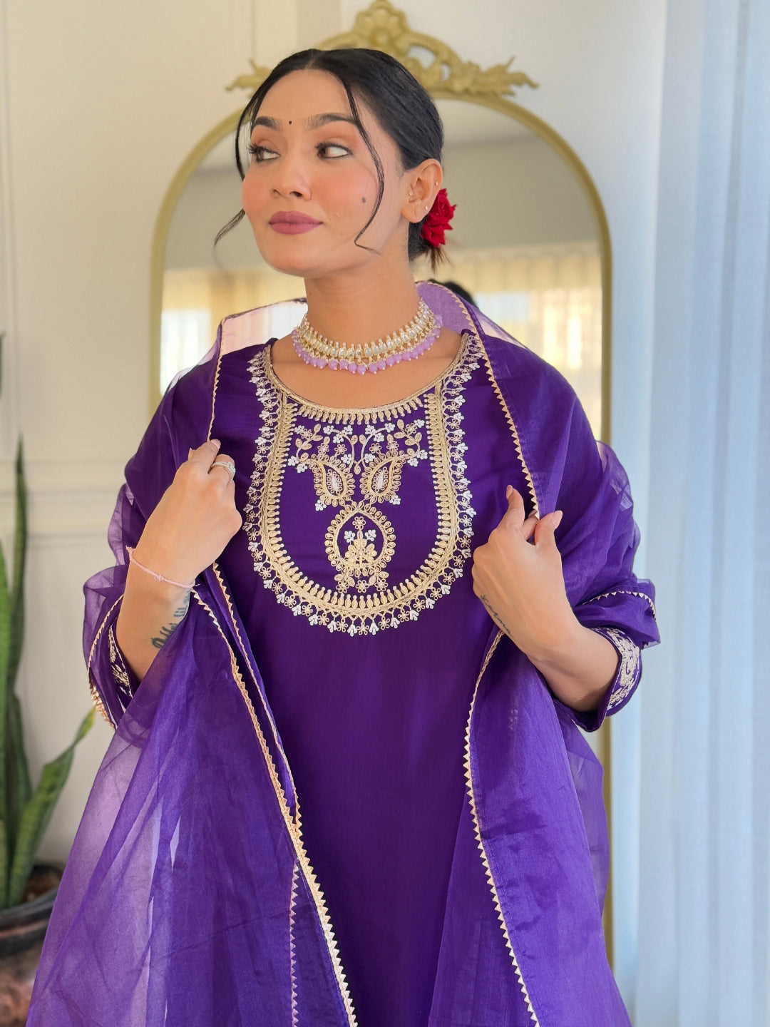 The52 Beautiful Embroidery Work with Rayon Slub Fabric Straight Kurta, Pant and Dupatta Set - Swadesiicart
