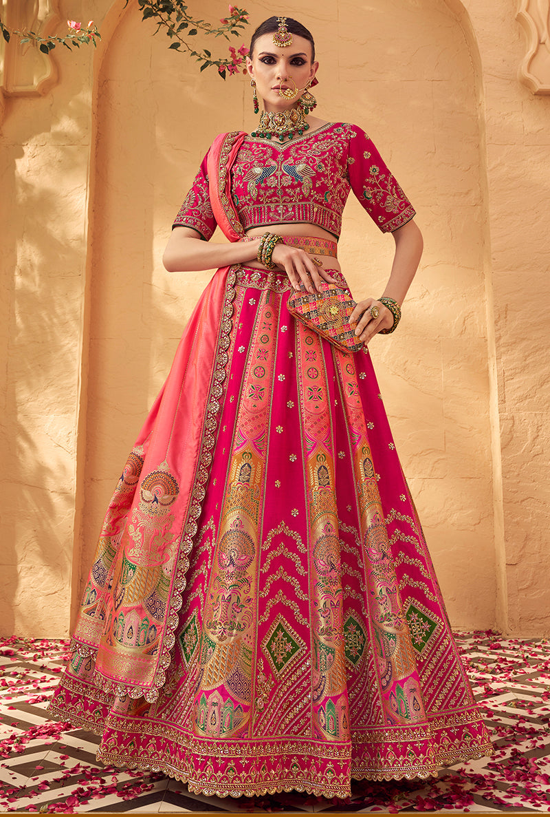 Monjolika Fashion Rani Pink Banarasi Silk Wedding Wear Lehenga With Embroidery Work | Swadesiicart