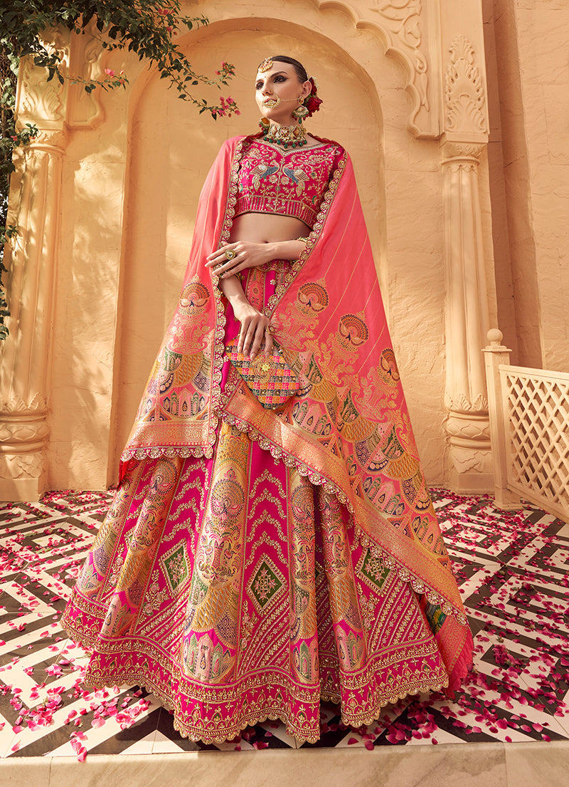 Monjolika Fashion Rani Pink Banarasi Silk Wedding Wear Lehenga With Embroidery Work | Swadesiicart