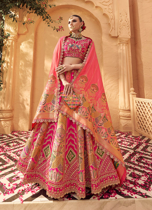 Monjolika Fashion Rani Pink Banarasi Silk Wedding Wear Lehenga With Embroidery Work | Swadesiicart