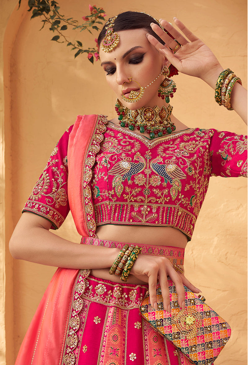 Monjolika Fashion Rani Pink Banarasi Silk Wedding Wear Lehenga With Embroidery Work | Swadesiicart