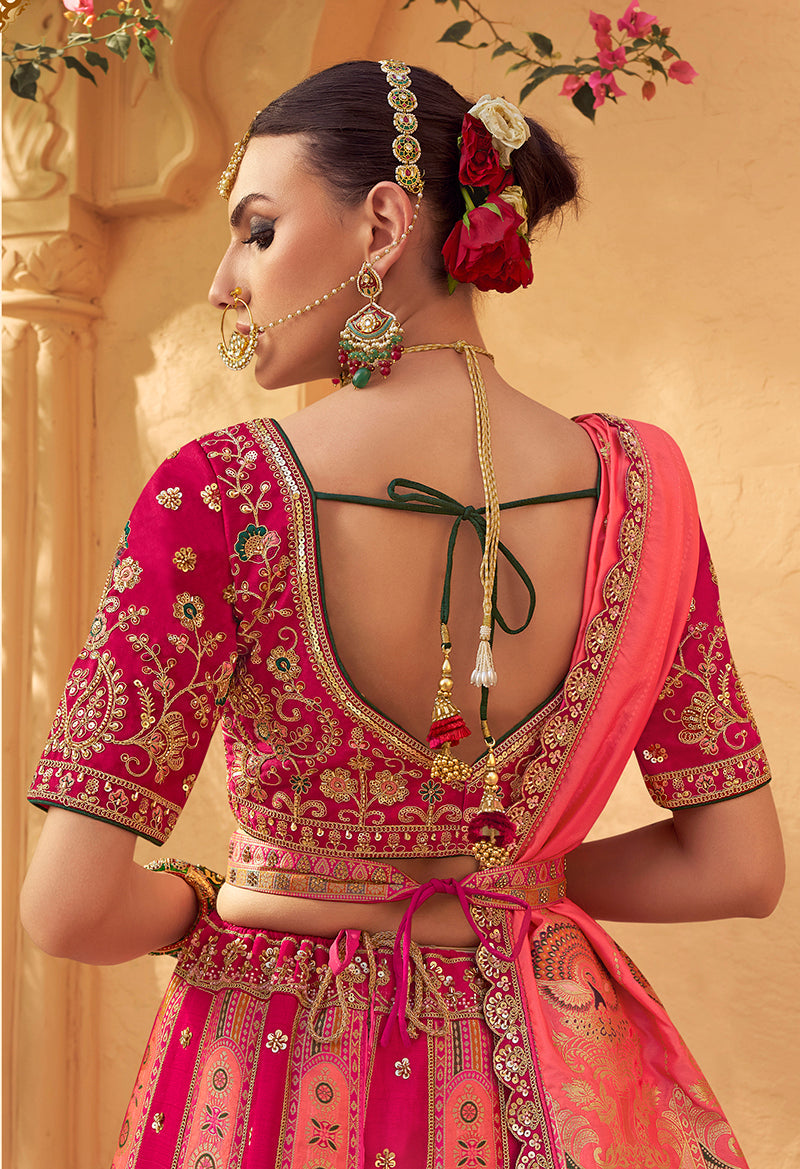 Monjolika Fashion Rani Pink Banarasi Silk Wedding Wear Lehenga With Embroidery Work | Swadesiicart
