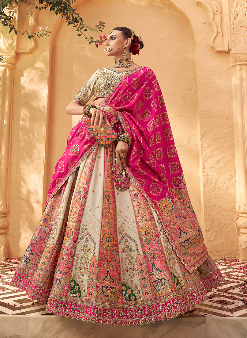 Monjolika Fashion Multicolor Banarasi Silk Wedding Wear Lehenga With Embroidery Work | Swadesiicart