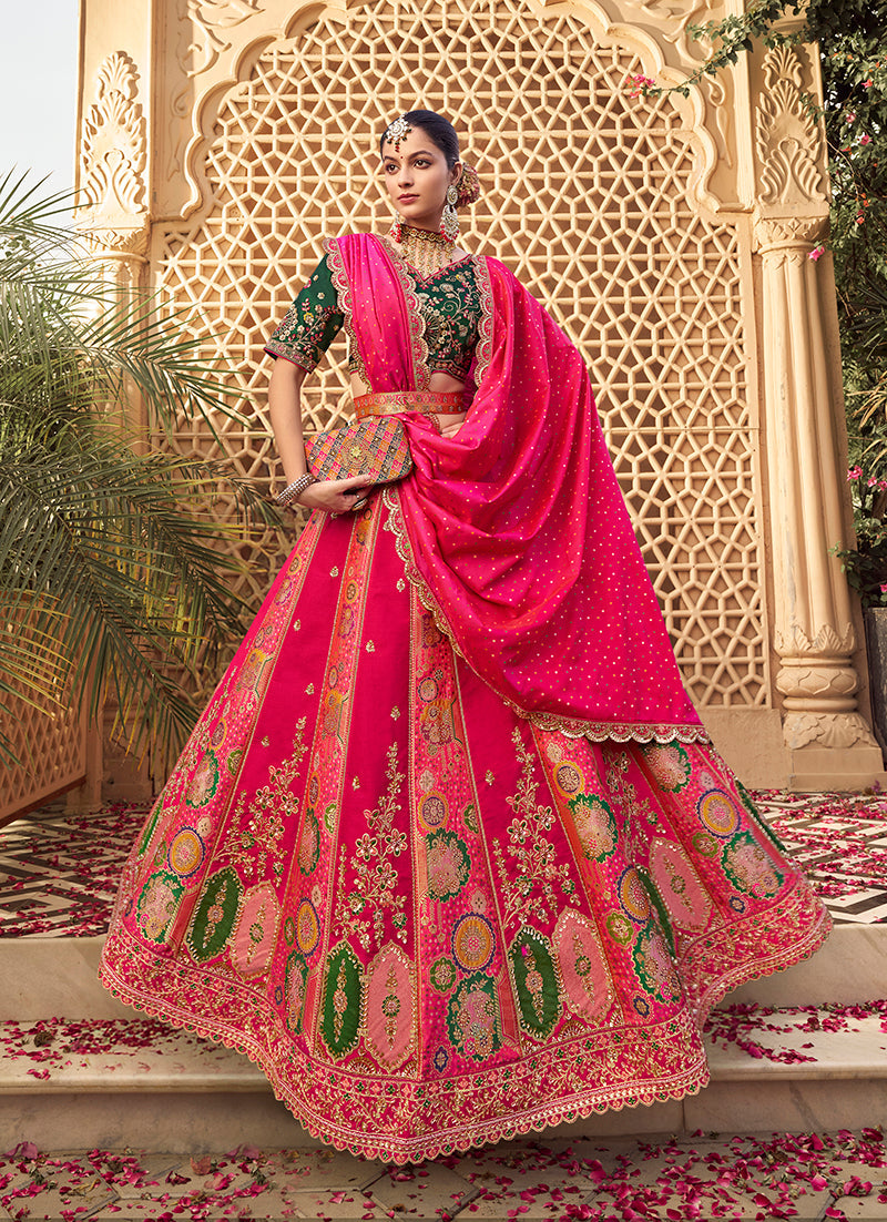 Monjolika Fashion Hot Pink Banarasi Silk Wedding Wear Lehenga With Embroidery Work | Swadesiicart