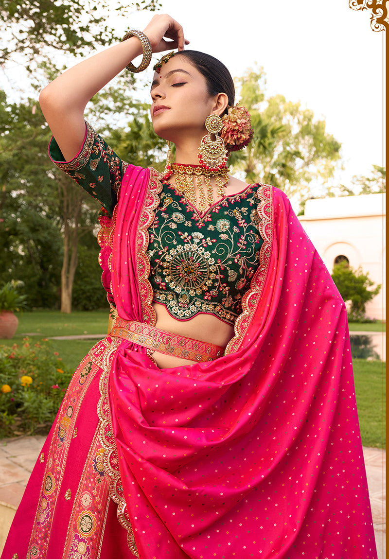 Monjolika Fashion Hot Pink Banarasi Silk Wedding Wear Lehenga With Embroidery Work | Swadesiicart