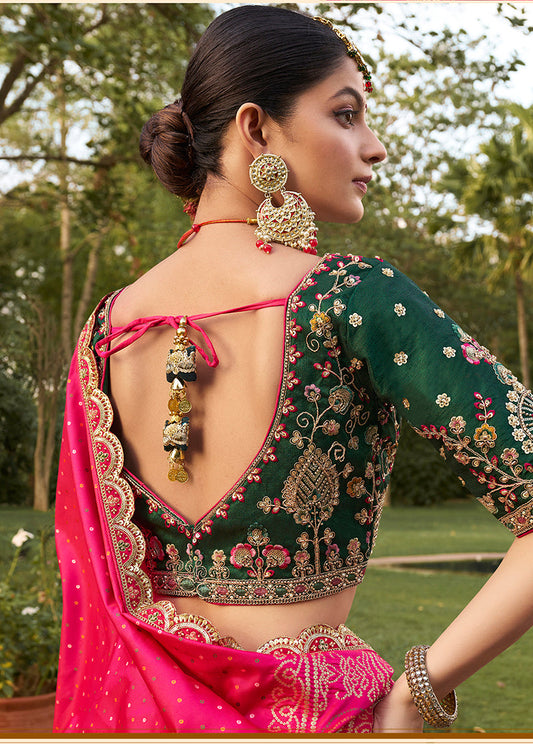 Monjolika Fashion Hot Pink Banarasi Silk Wedding Wear Lehenga With Embroidery Work | Swadesiicart