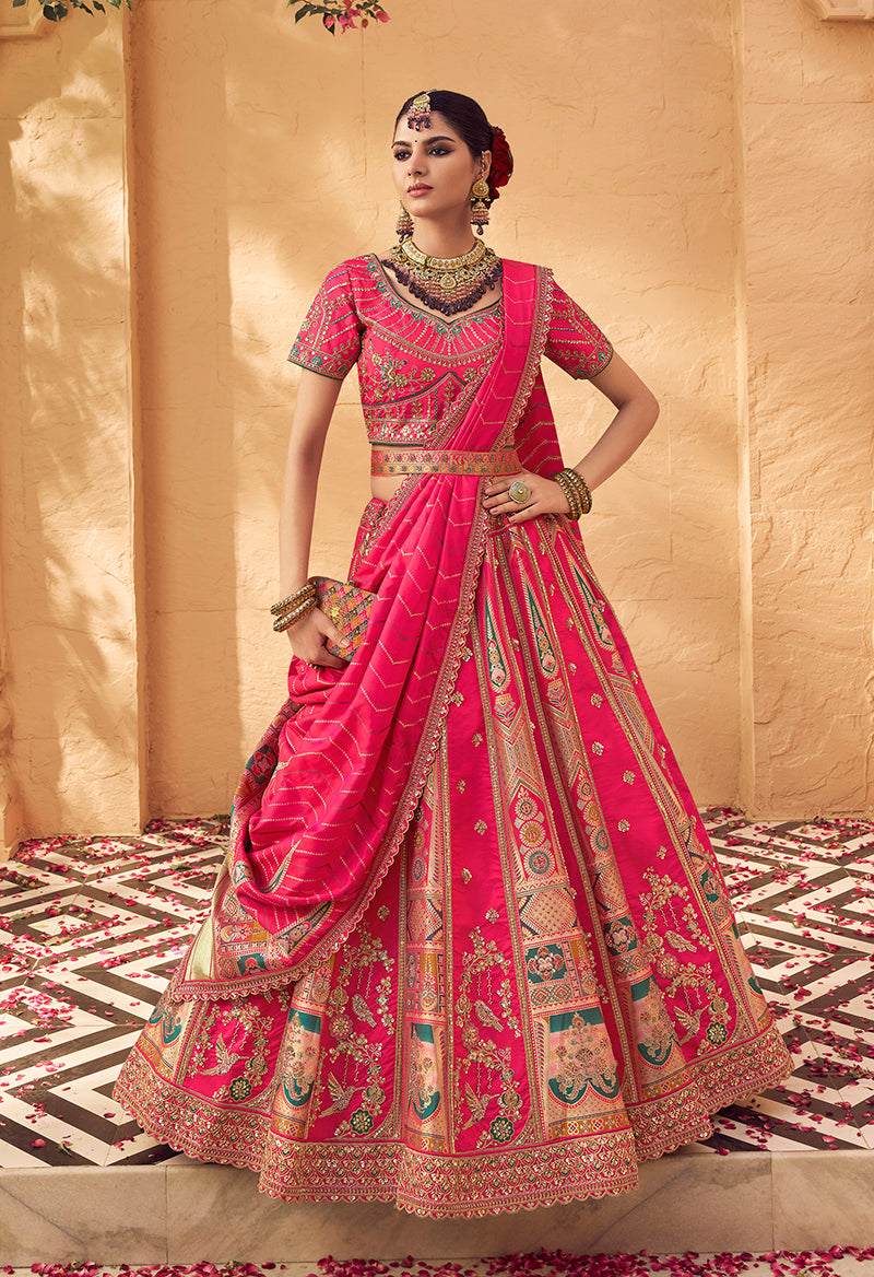 Monjolika Fashion Hot Pink & Peach Banarasi Silk Wedding Wear Lehenga With Embroidery Work | Swadesiicart