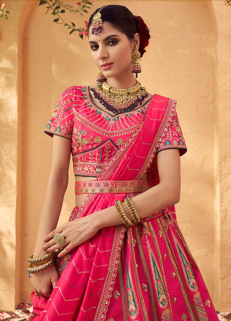 Monjolika Fashion Hot Pink & Peach Banarasi Silk Wedding Wear Lehenga With Embroidery Work | Swadesiicart