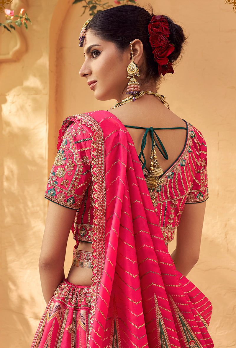 Monjolika Fashion Hot Pink & Peach Banarasi Silk Wedding Wear Lehenga With Embroidery Work | Swadesiicart