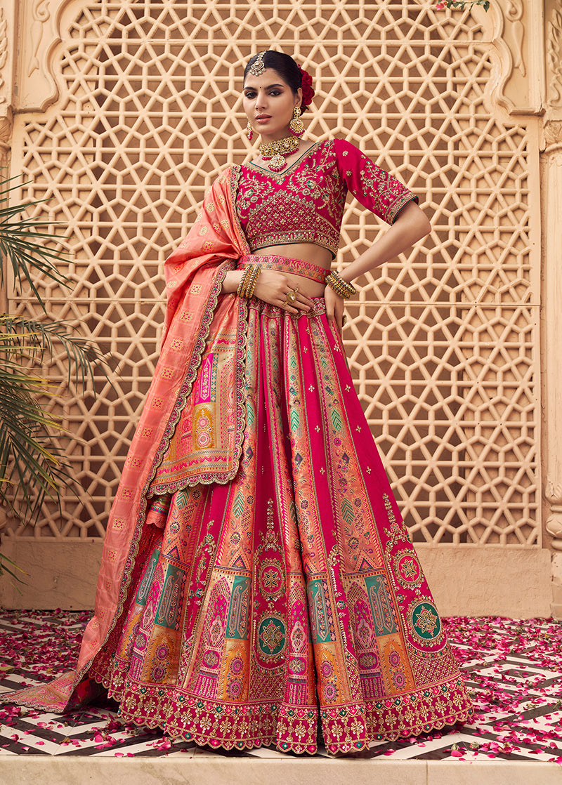 Monjolika Fashion Rani Pink & Peach Banarasi Silk Wedding Wear Lehenga With Embroidery Work | Swadesiicart