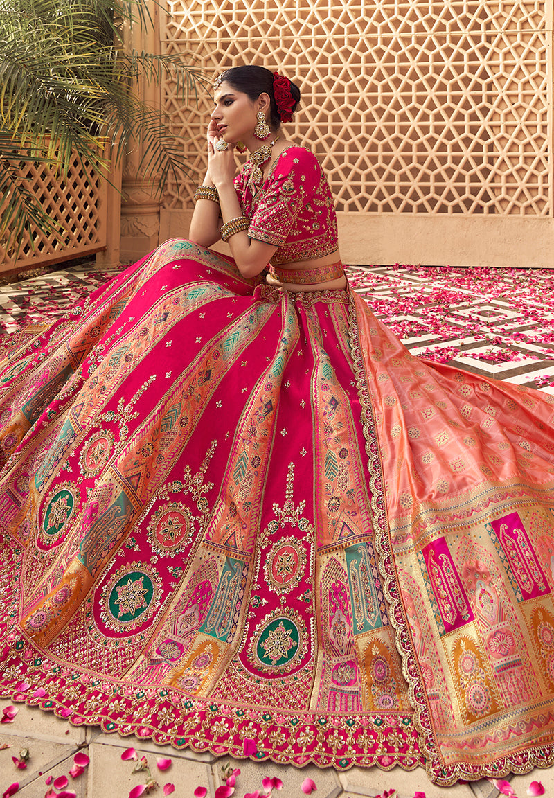 Monjolika Fashion Rani Pink & Peach Banarasi Silk Wedding Wear Lehenga With Embroidery Work | Swadesiicart