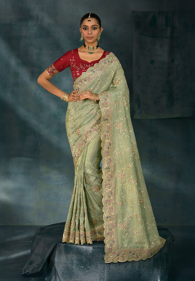 Monjolika Fashion Sea Green With Lakhanvi And Zarkan Work Banarasi Silk Blend Saree | Swadesiicart