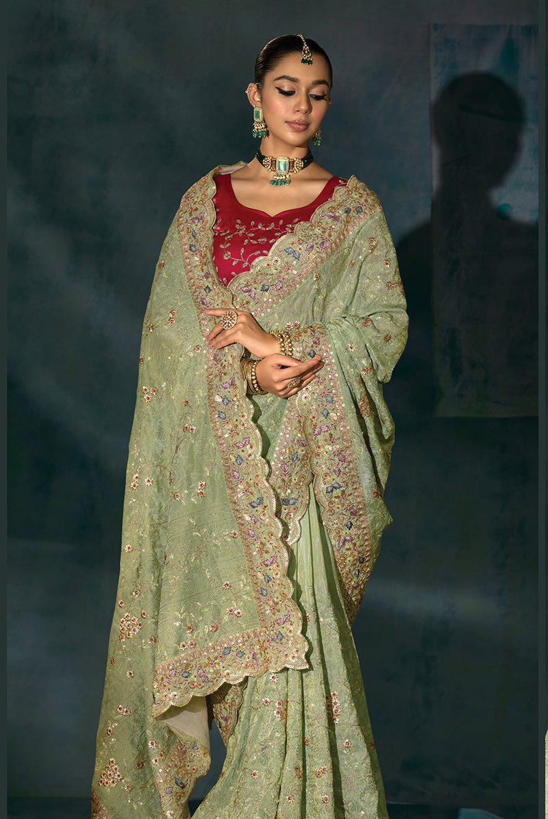 Monjolika Fashion Sea Green With Lakhanvi And Zarkan Work Banarasi Silk Blend Saree | Swadesiicart