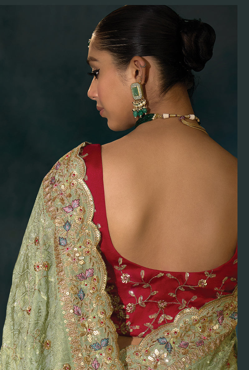 Monjolika Fashion Sea Green With Lakhanvi And Zarkan Work Banarasi Silk Blend Saree | Swadesiicart