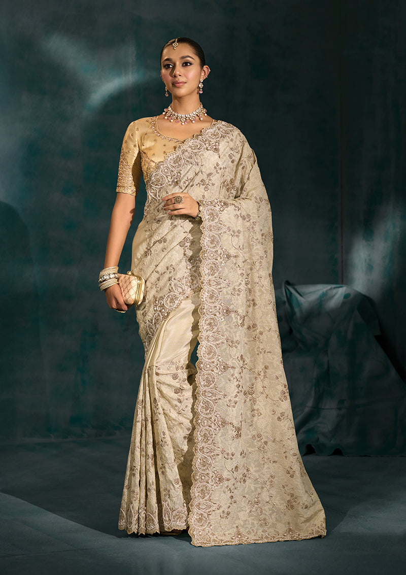 Monjolika Fashion Cream Banarasi Silk With Lakhanvi And Zarkan Work Blend Saree | Swadesiicart