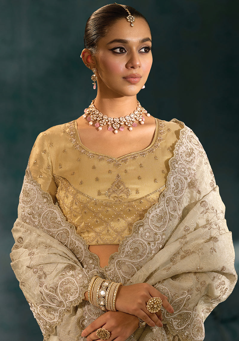 Monjolika Fashion Cream Banarasi Silk With Lakhanvi And Zarkan Work Blend Saree | Swadesiicart