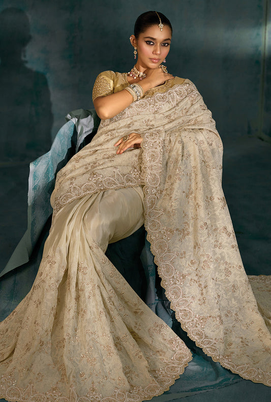 Monjolika Fashion Cream Banarasi Silk With Lakhanvi And Zarkan Work Blend Saree | Swadesiicart
