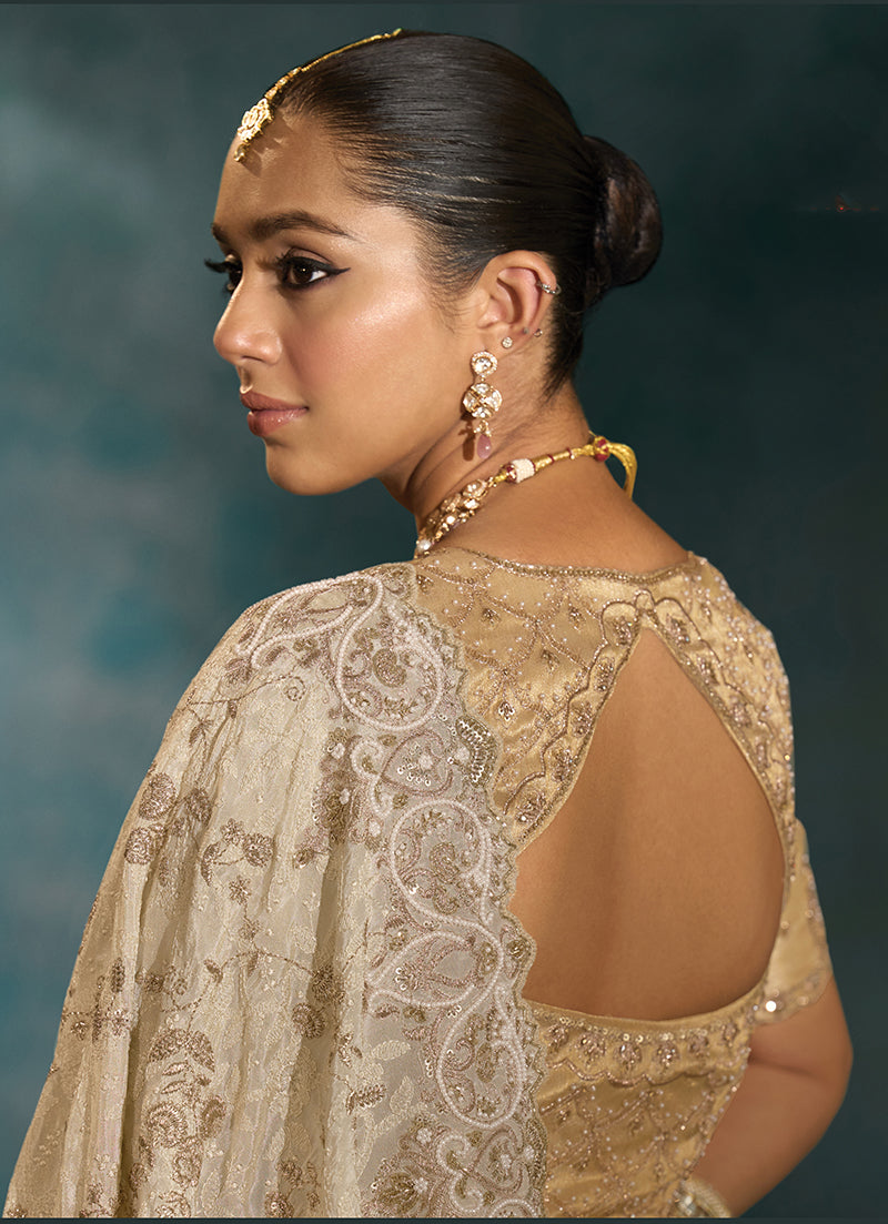Monjolika Fashion Cream Banarasi Silk With Lakhanvi And Zarkan Work Blend Saree | Swadesiicart