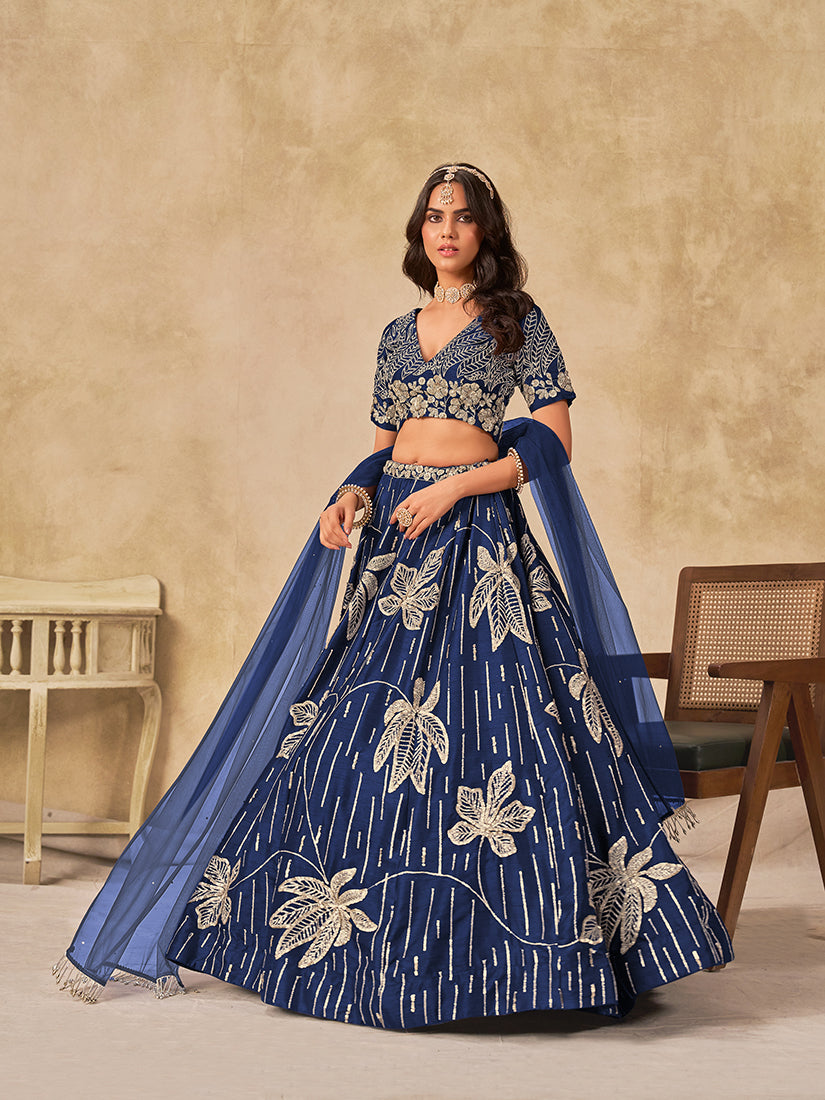 Monjolika Fashion Navy Blue Embroidered Art Silk Reception Trendy Lehenga Choli - Swadesiicart