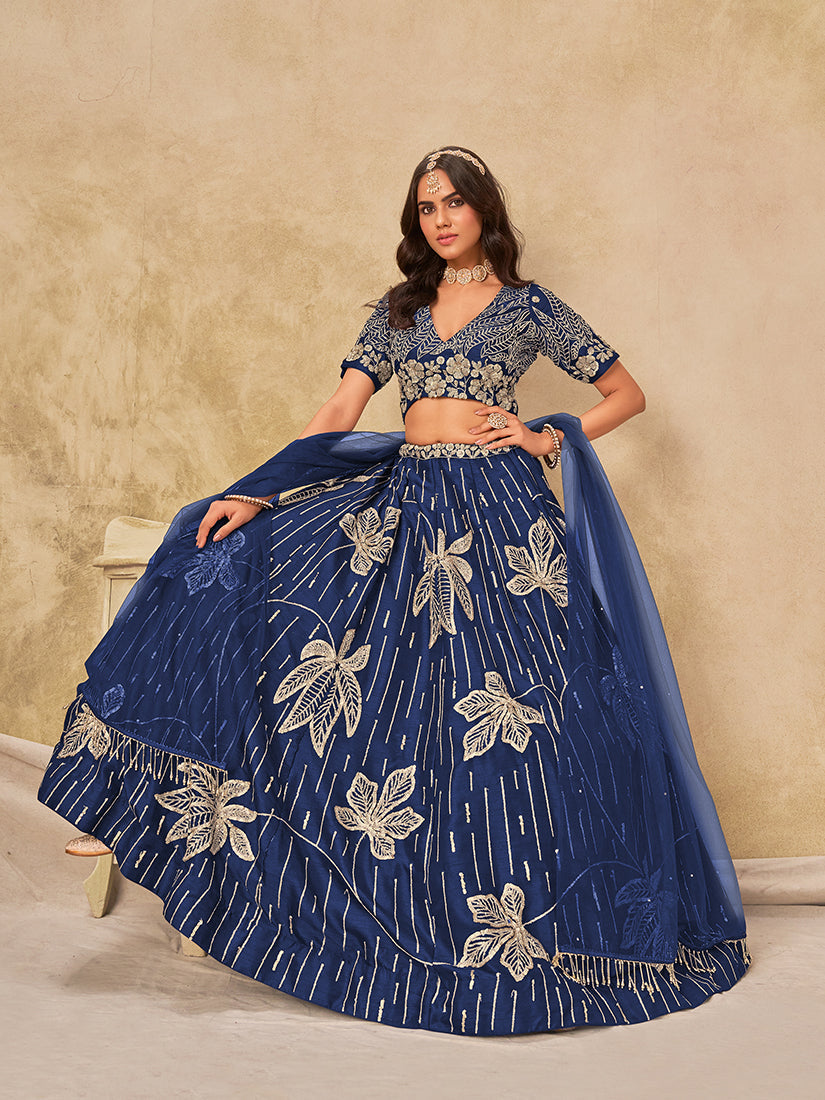 Monjolika Fashion Navy Blue Embroidered Art Silk Reception Trendy Lehenga Choli - Swadesiicart