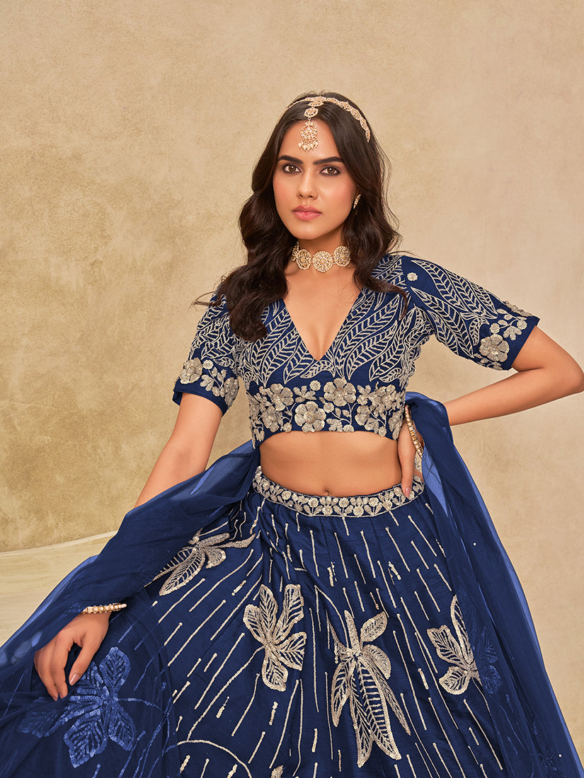 Monjolika Fashion Navy Blue Embroidered Art Silk Reception Trendy Lehenga Choli - Swadesiicart