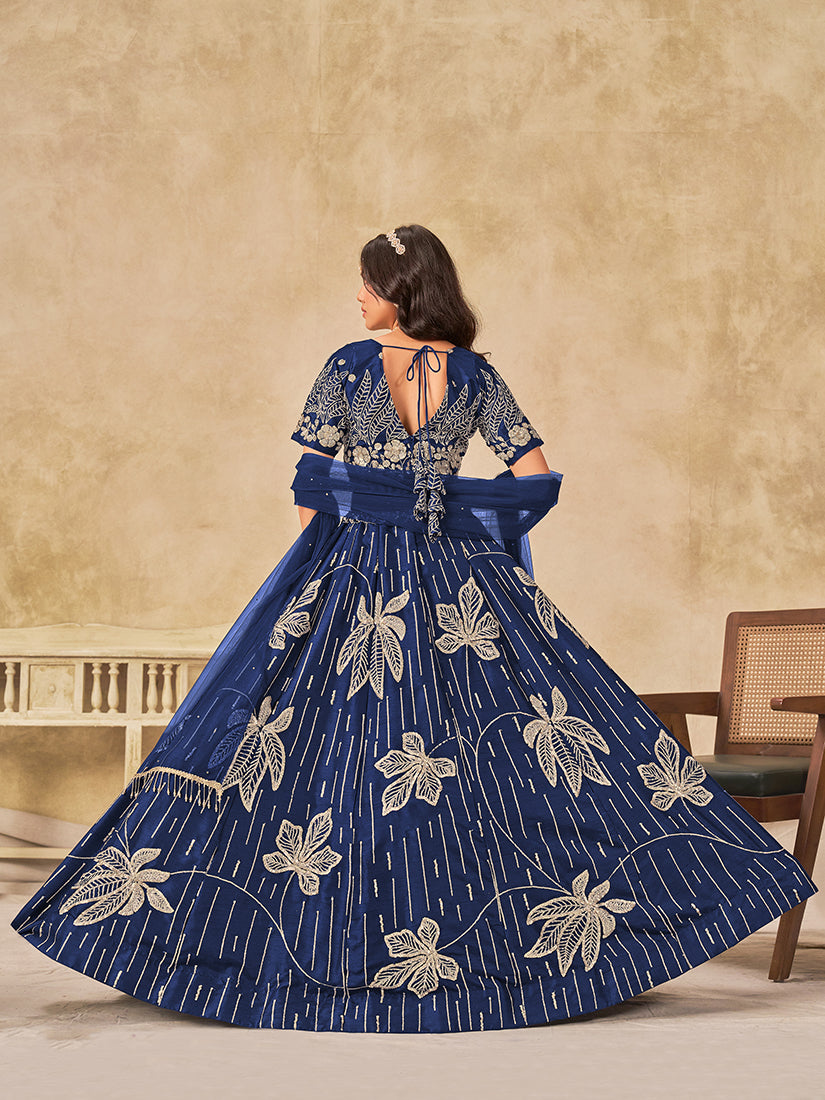 Monjolika Fashion Navy Blue Embroidered Art Silk Reception Trendy Lehenga Choli - Swadesiicart