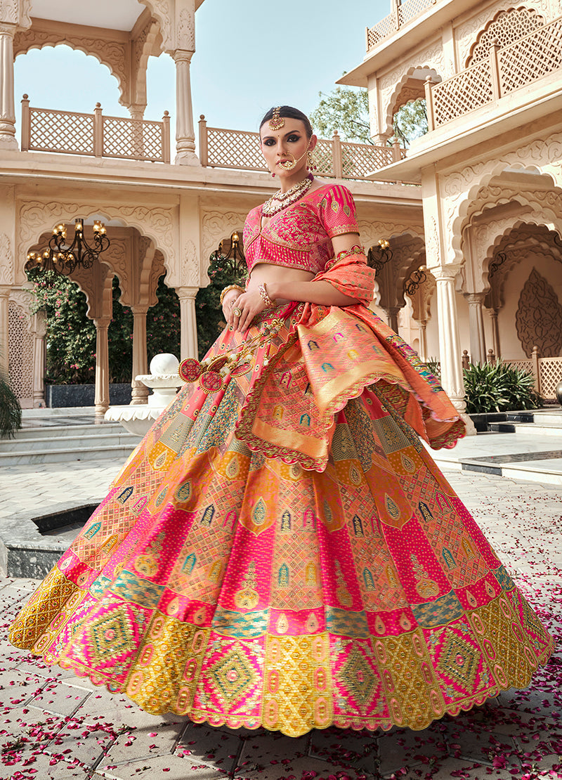 Monjolika Fashion Rani Pink Premium Banarasi Silk With Zarkan & Cutwork Wedding Wear Lehenga | Swadesiicart