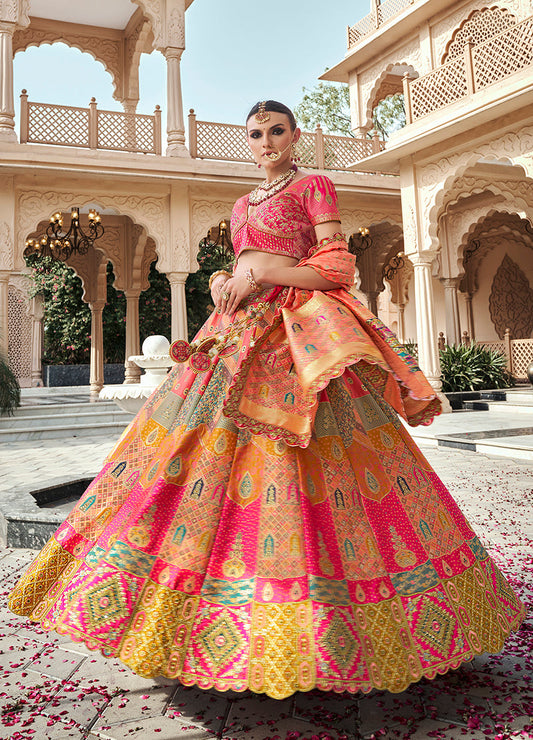 Monjolika Fashion Rani Pink Premium Banarasi Silk With Zarkan & Cutwork Wedding Wear Lehenga | Swadesiicart