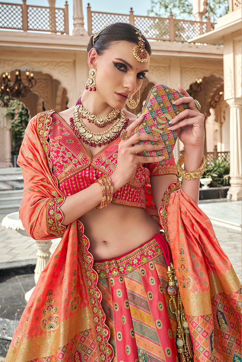 Monjolika Fashion Rani Pink Premium Banarasi Silk With Zarkan & Cutwork Wedding Wear Lehenga | Swadesiicart