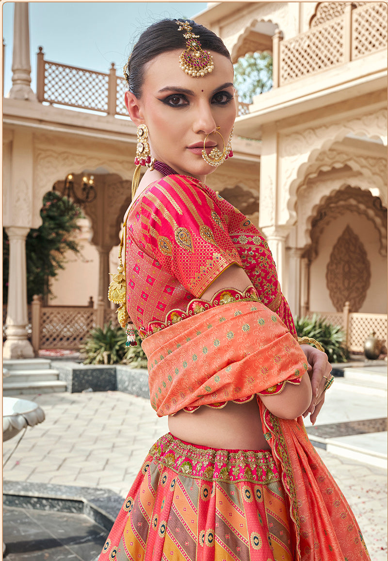 Monjolika Fashion Rani Pink Premium Banarasi Silk With Zarkan & Cutwork Wedding Wear Lehenga | Swadesiicart