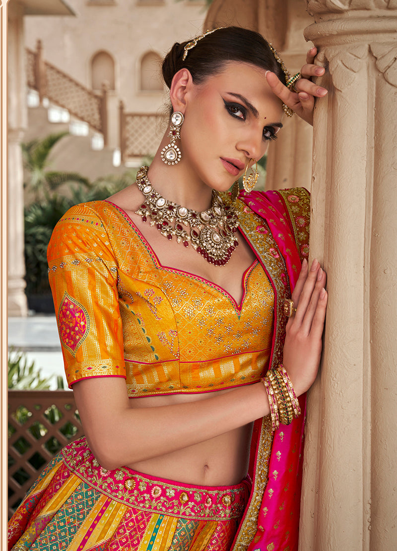 Monjolika Fashion Multicolor Premium Banarasi Silk With Zarkan & Cutwork Wedding Wear Lehenga | Swadesiicart