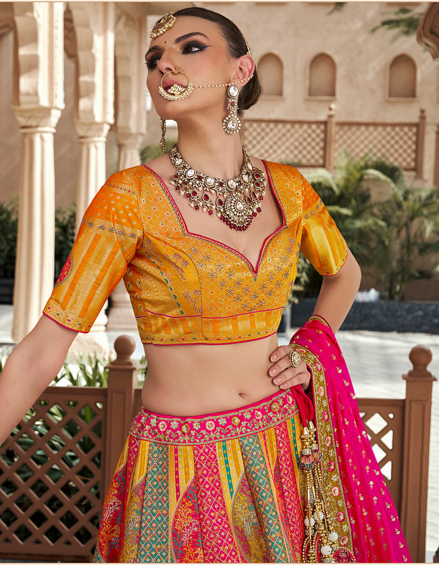 Monjolika Fashion Multicolor Premium Banarasi Silk With Zarkan & Cutwork Wedding Wear Lehenga | Swadesiicart