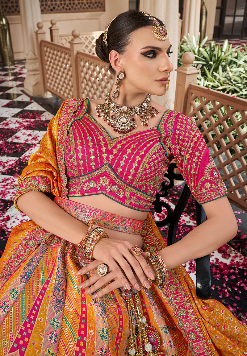 Monjolika Fashion Mustard Multicolor Premium Banarasi Silk With Zarkan & Cutwork Wedding Wear Lehenga | Swadesiicart