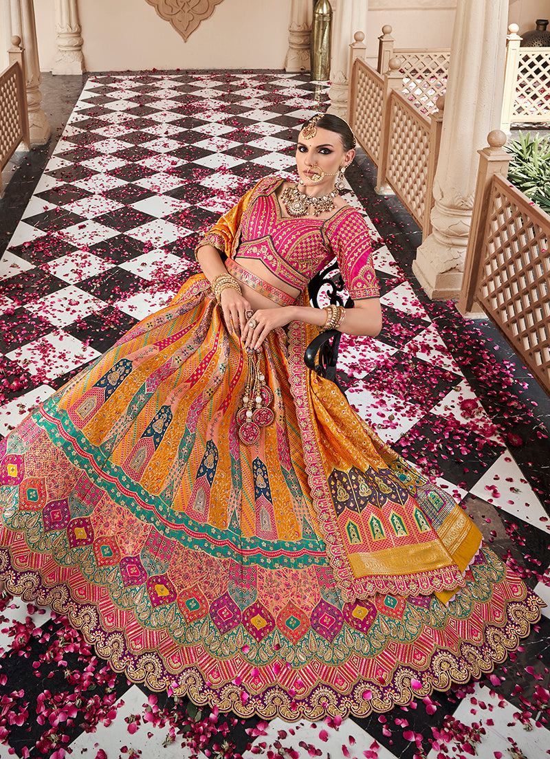 Monjolika Fashion Mustard Multicolor Premium Banarasi Silk With Zarkan & Cutwork Wedding Wear Lehenga | Swadesiicart