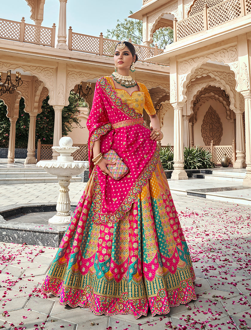 Monjolika Fashion Multicolor Premium Banarasi Silk With Zarkan & Cutwork Wedding Wear Lehenga | Swadesiicart