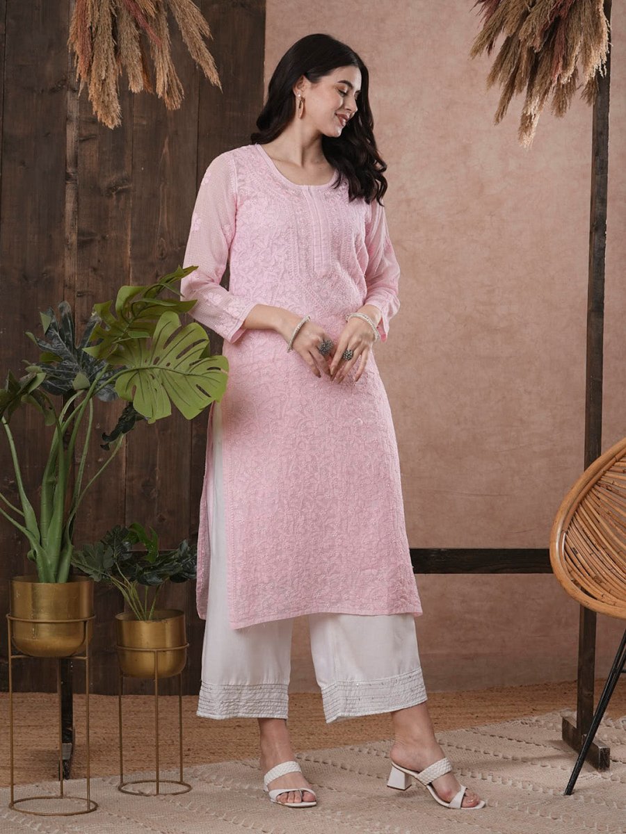 ADA Women Pink Chikankari Hand Embroidered Straight Kota Handloom Kurta With Matching Slip | Swadesiicart