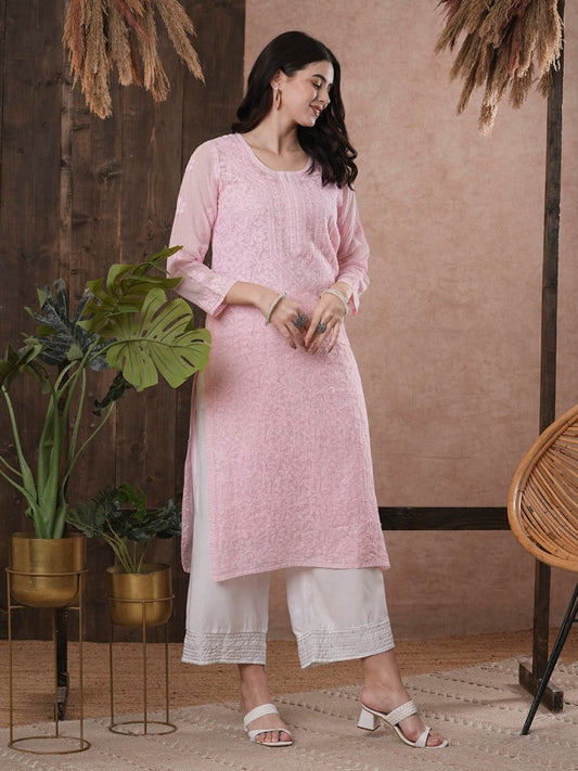 ADA Women Pink Chikankari Hand Embroidered Straight Kota Handloom Kurta With Matching Slip | Swadesiicart