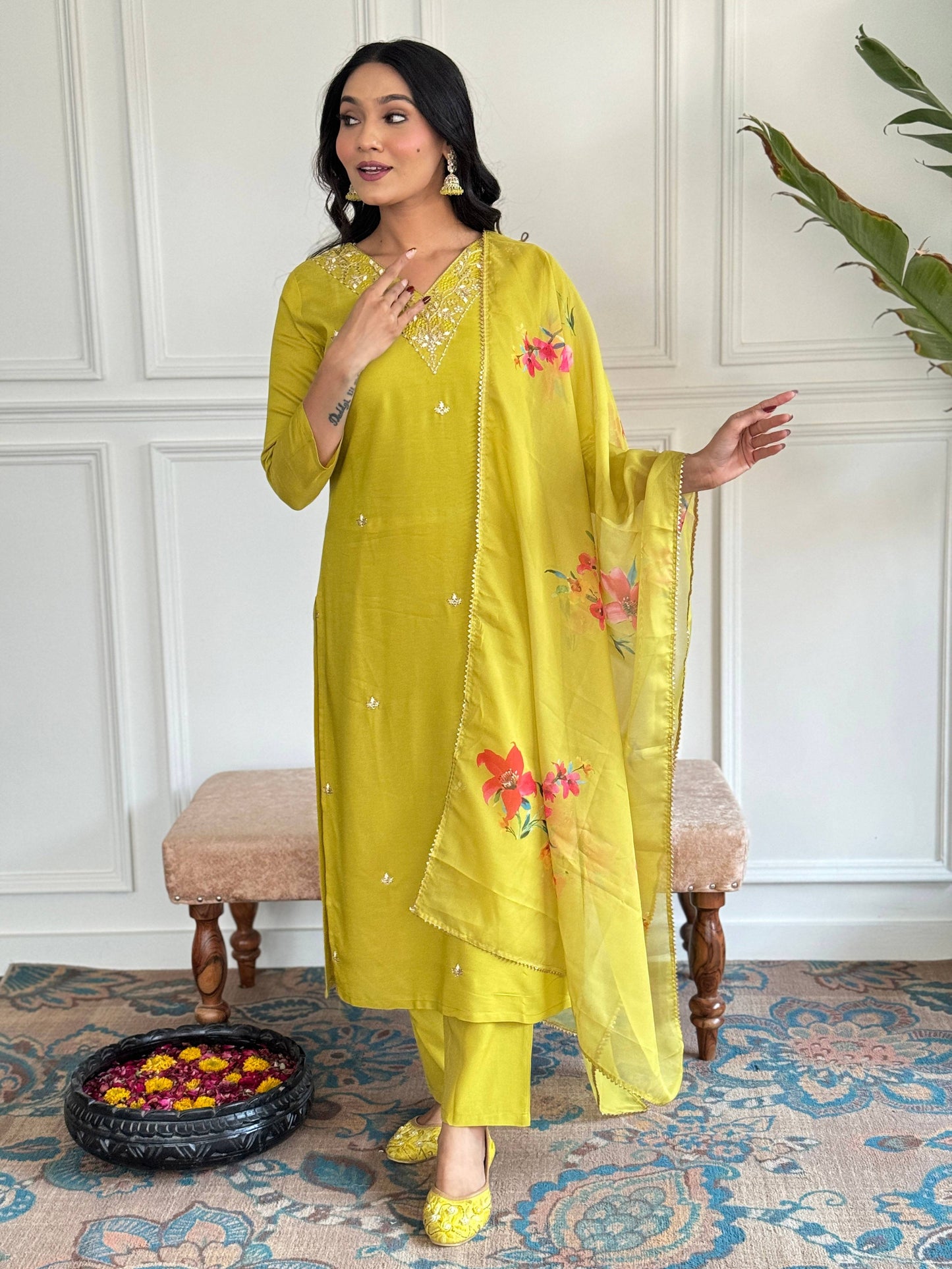 The52 Yellow Embroidered Rayon Slub Fabric Straight Kurta, Pant and Dupatta Set - Swadesiicart