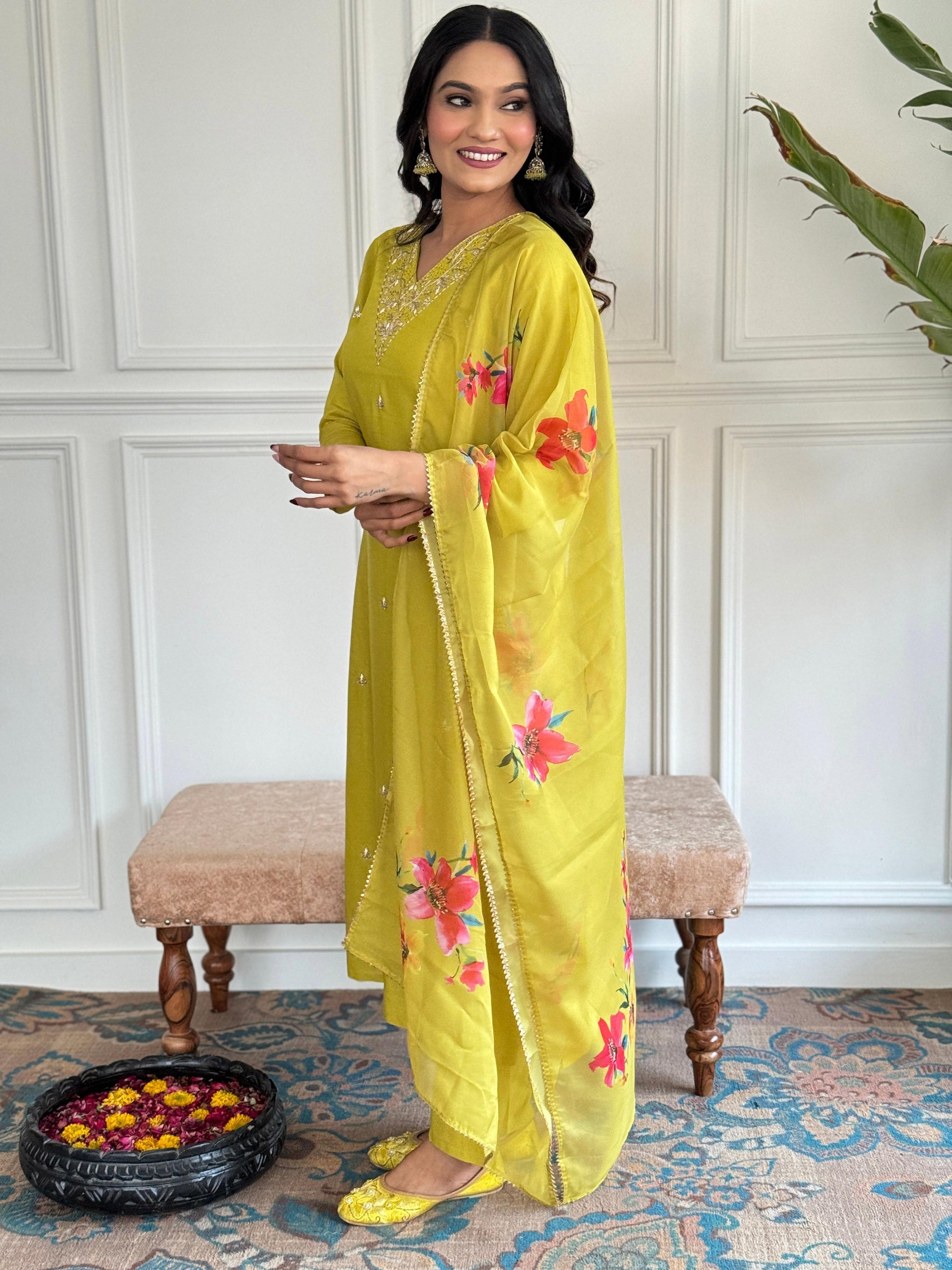 The52 Yellow Embroidered Rayon Slub Fabric Straight Kurta, Pant and Dupatta Set - Swadesiicart