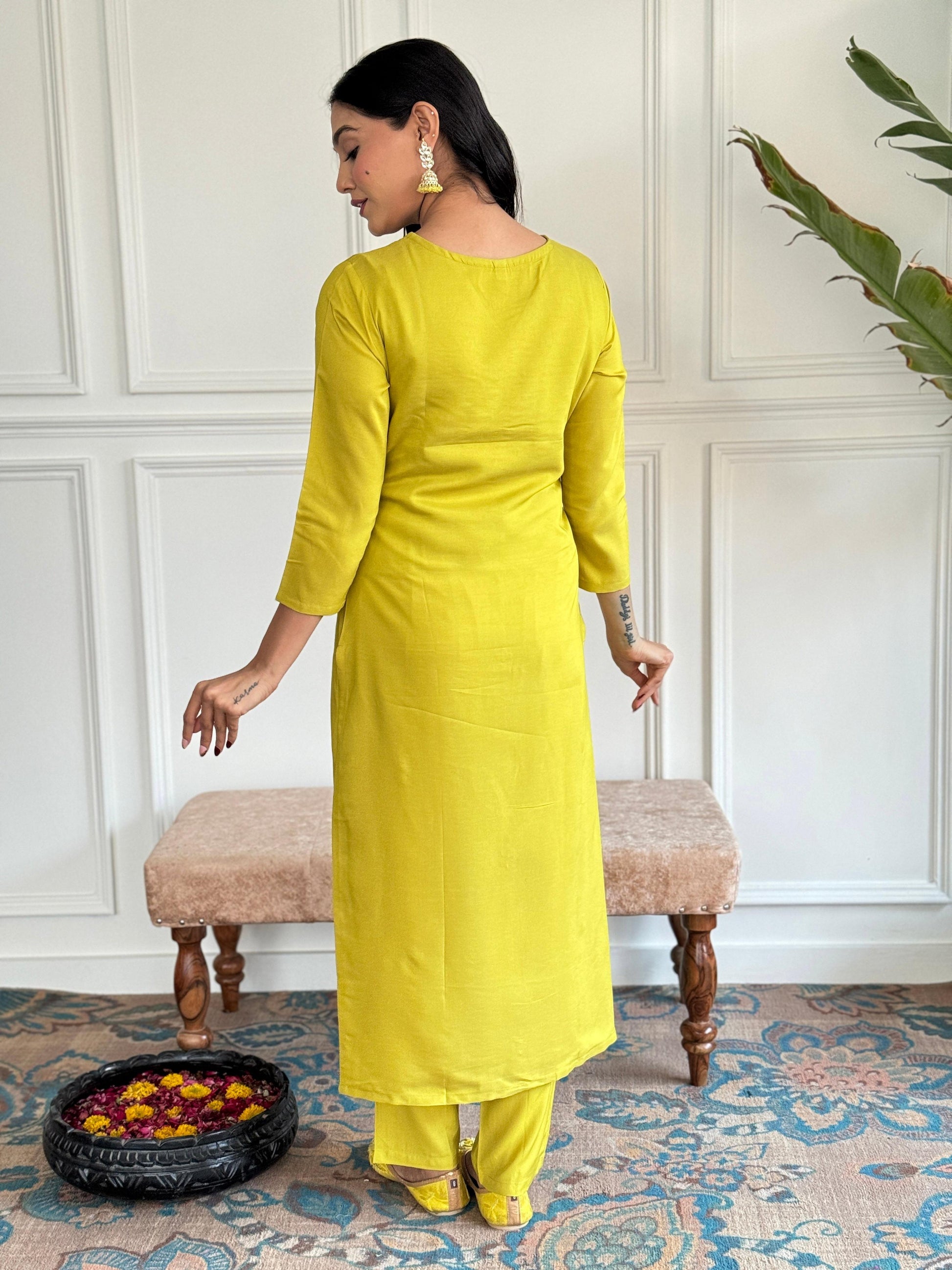 The52 Yellow Embroidered Rayon Slub Fabric Straight Kurta, Pant and Dupatta Set - Swadesiicart
